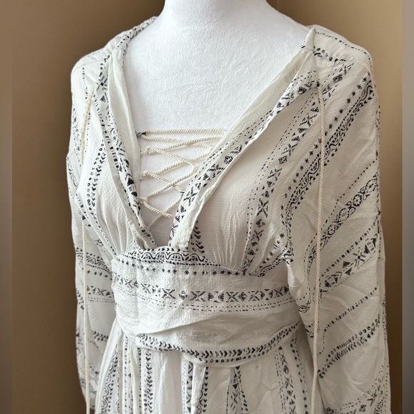 no name Dresses & Skirts - Boho Lace-Up V-Neck White Dress with Black Embroidered Stripes